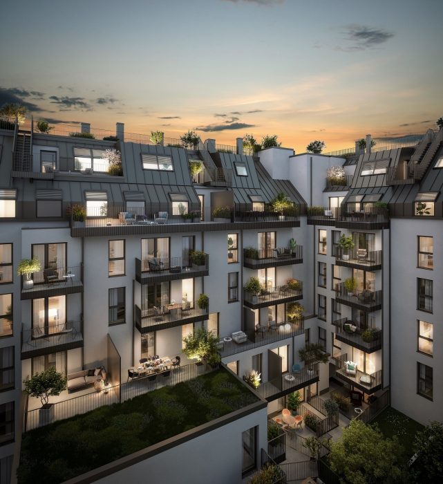 Innenhof eines mehrstöckigen Gebäudes bei Sonnenuntergang mit Balkonen, großen Fenstern und Pflanzen in modernem Design.
