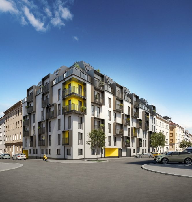 Moderne, sechsstöckige Wohnanlage mit weißen und gelben Fassaden, mehreren Balkonen und begrünten Dächern, an einer Straßenecke.