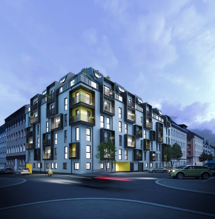 Moderne mehrstöckige Wohnanlage in urbaner Umgebung bei Dämmerung, mit Balkonen, großen Fenstern und Pflanzen. Autos und Bäume sind sichtbar.