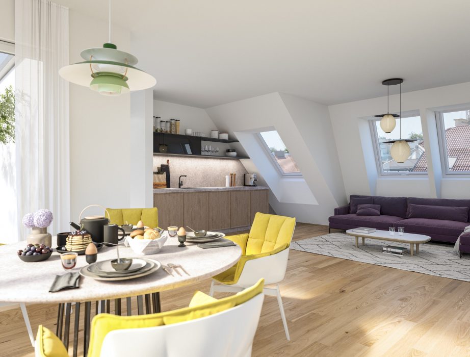 Hell eingerichtetes Wohnzimmer mit Essbereich und Küche, gelben Stühlen, lila Sofa, runden Hängelampen und Dachfenstern.